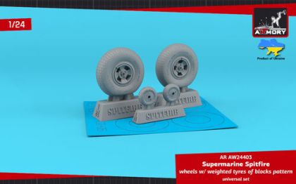 1:24 Supermarine Spitfire wheels w/ weighted tyres of blocks pattern & 4-spoke hubs