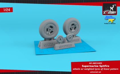1:24 Supermarine Spitfire wheels w/ weighted tyres of linear pattern & 3-spoke hubs