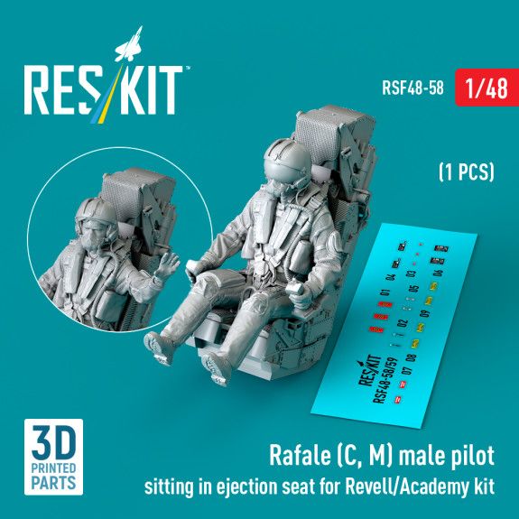 1:48 Rafale (C, M) male pilot sitting in ejection seat for Revell/Academy kit (1 pcs)