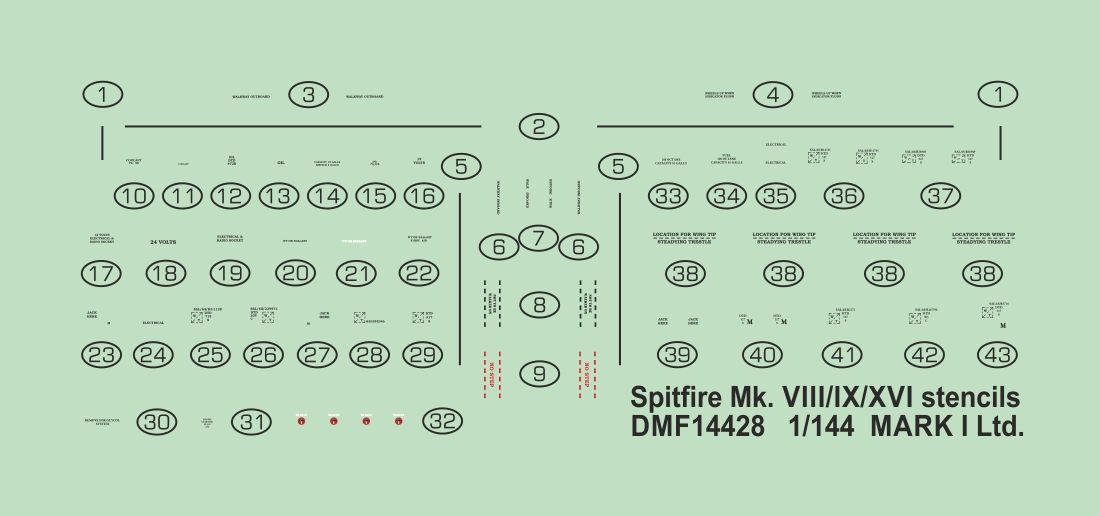 1:144 Supermarine Spitfire Mk.VIII/Mk.IX/Mk.XVI stencils