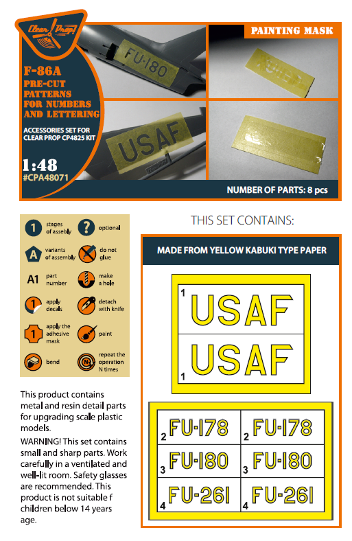 1:48 F-86A Sabre pre-cut patterns for numbers and lettering painting mask on yellow kabuki paper for CP4825 kit