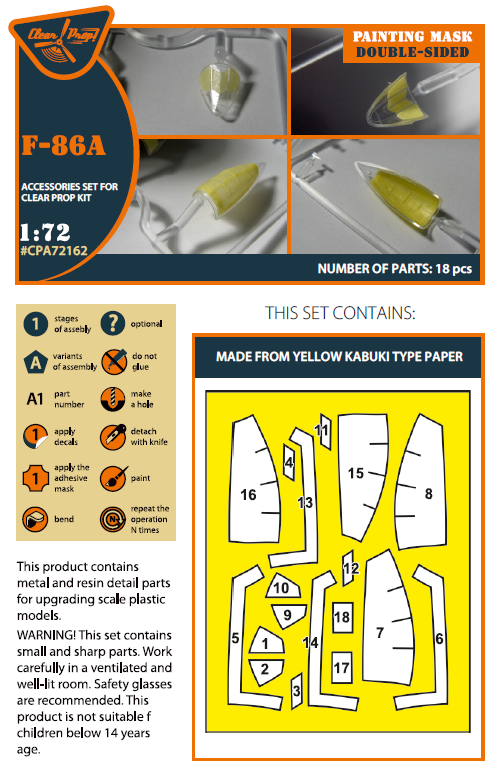 1:72 F-86A Sabre double-sided painting mask on yellow kabuki paper Clear Prop