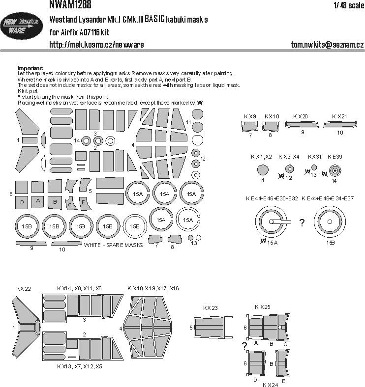 1:48 Westland Lysander Mk.I / Mk.III - Basic Kabuki Masks (for Airfix kits)
