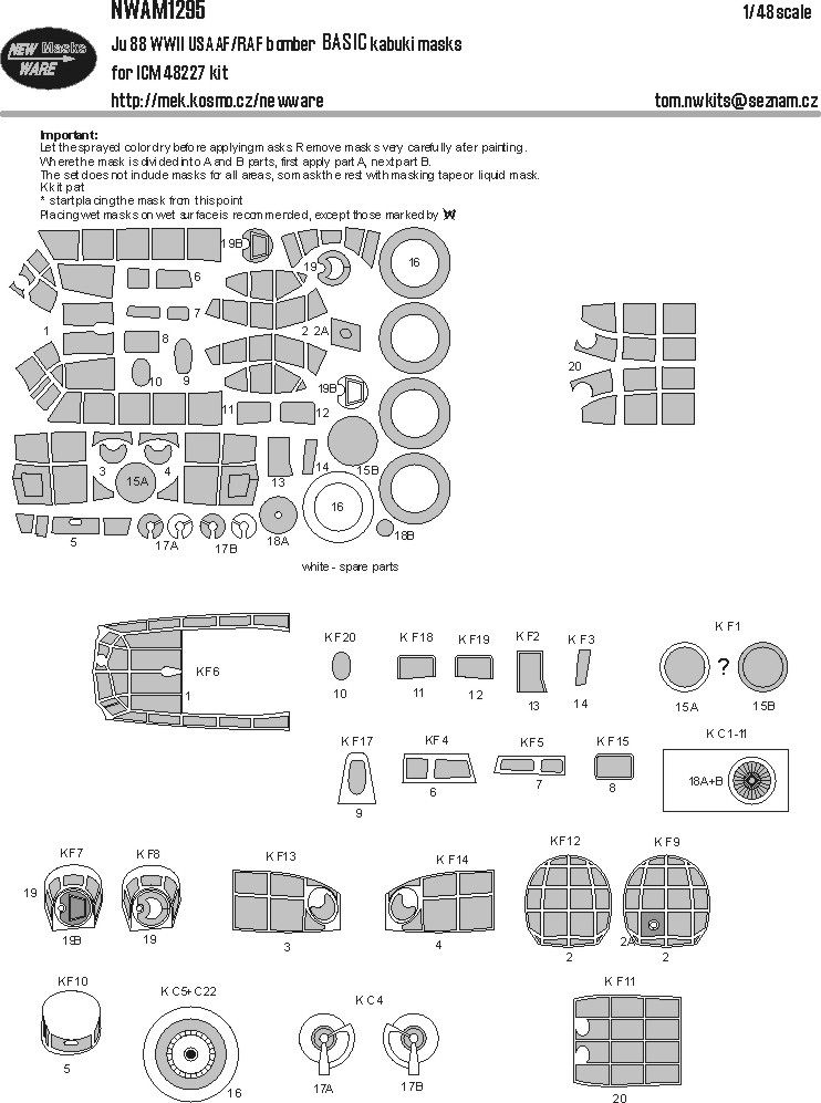 1:48 Ju 88 WWII USAAF/RAF bomber BASIC kabuki masks for ICM
