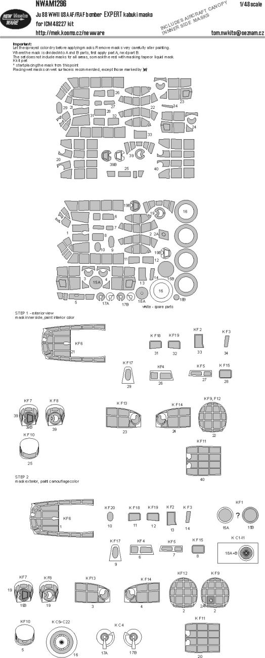 1:48 Ju 88 WWII USAAF/RAF bomber EXPERT kabuki masks for ICM
