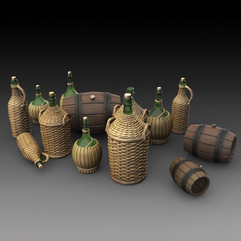 1:35 Wicker Bottles Demijohn Glass and small barrels