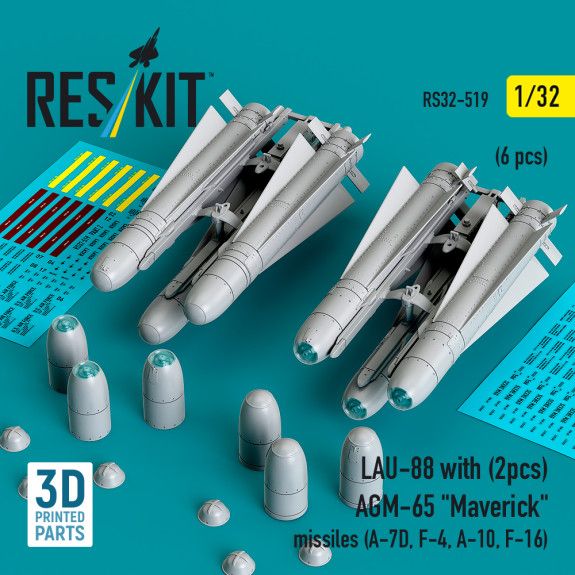 1:32 LAU-88 with (2 pcs) AGM-65 Maverick missiles (6 pcs) (A-7D, F-4, A-10, F-16)