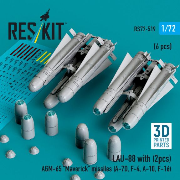 1:72 LAU-88 with (2 pcs) AGM-65 Maverick missiles (6 pcs) (A-7D, F-4, A-10, F-16)