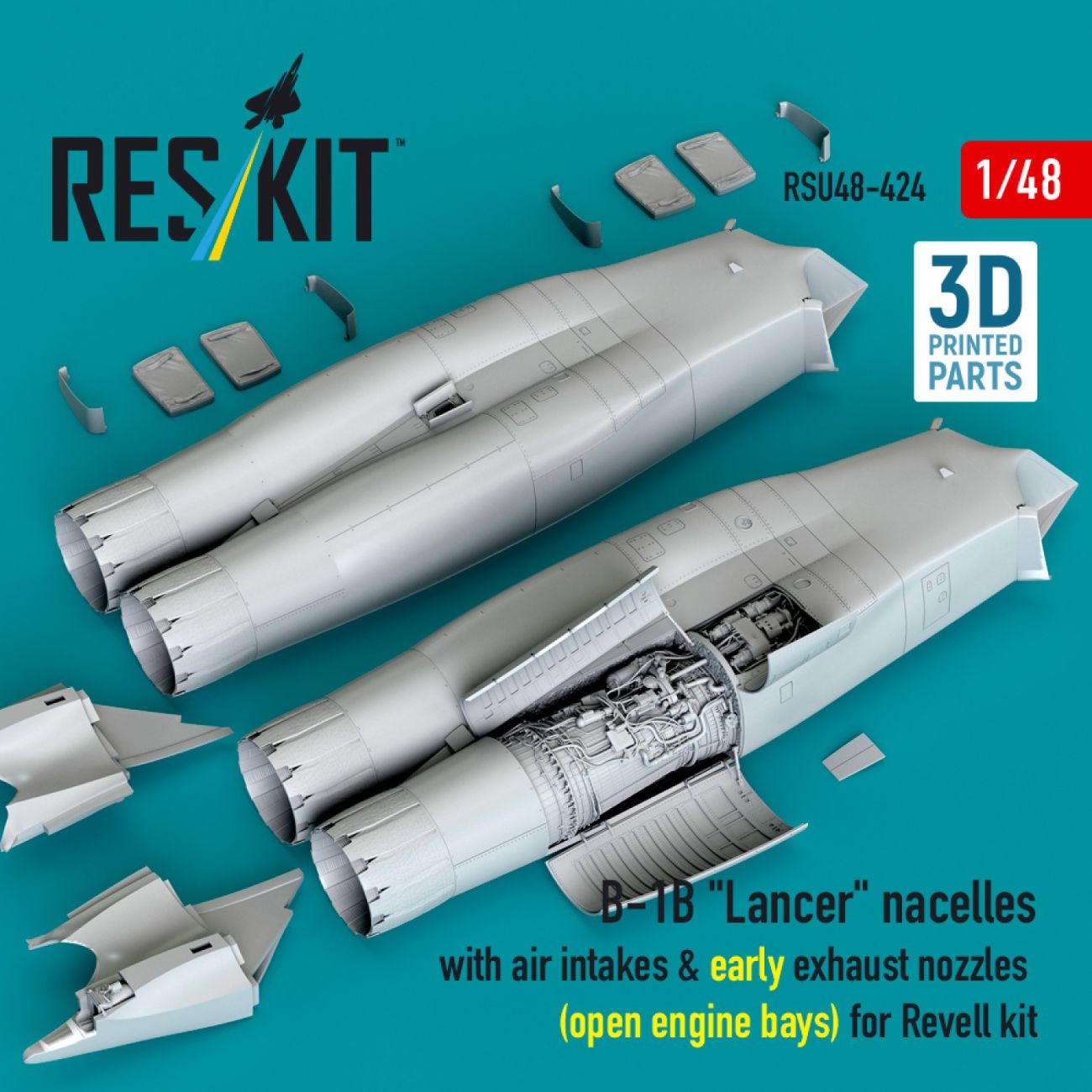 1:48 B-1B Lancer nacelles with air intakes & early exhaust nozzles (open engine bay) for Revell
