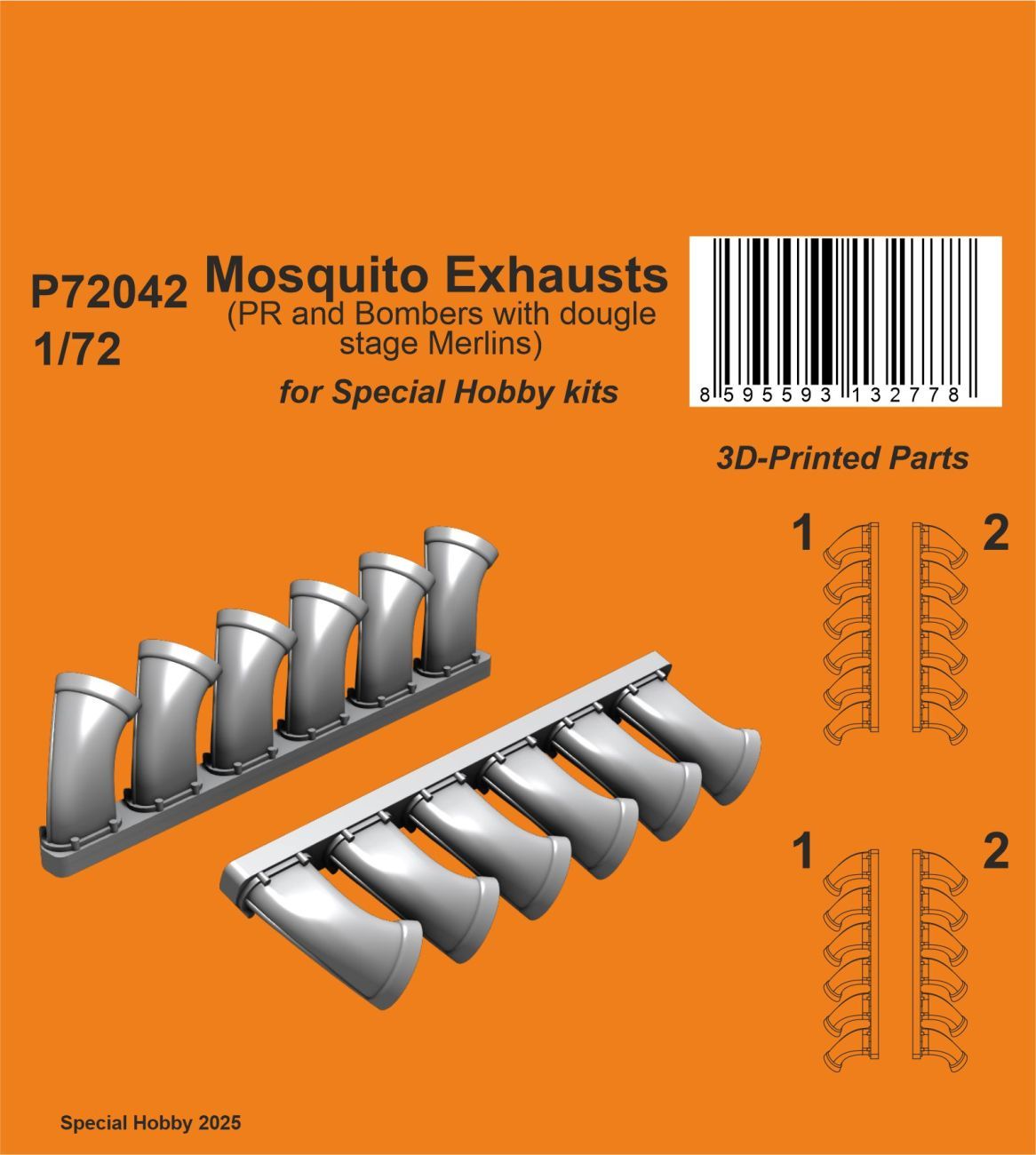1:72 Mosquito Exhausts (PR and Bombers with dougle stage Merlins) for Special Hobby