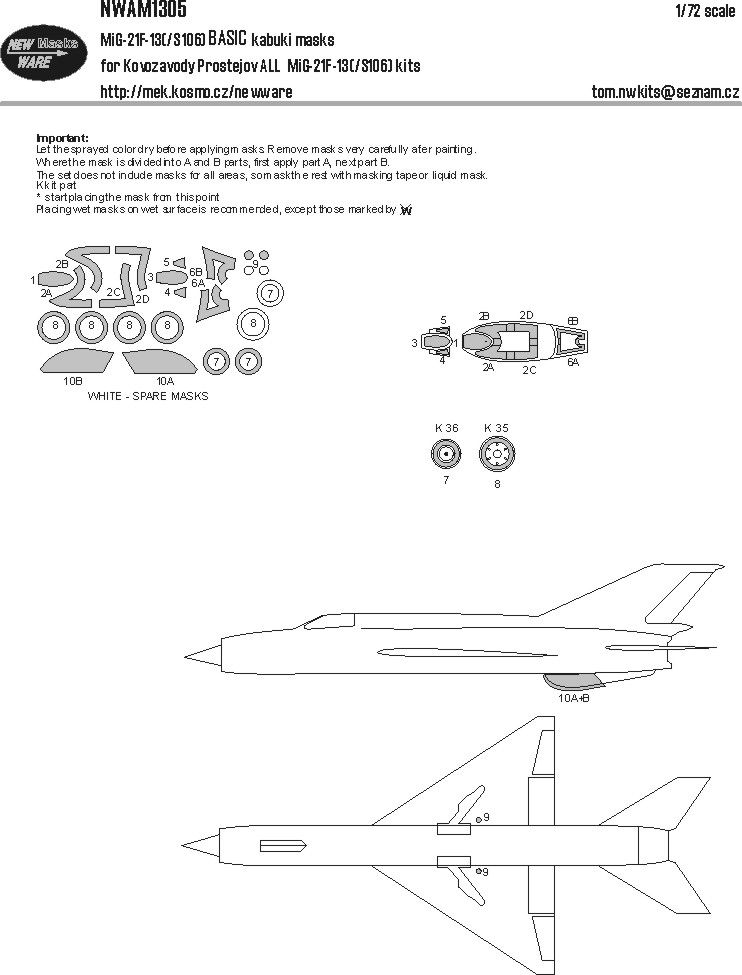 1:72 MiG-21F-13 (S106) - Basic Kabukli Masks (for Kovozavody Prostejov Kits)