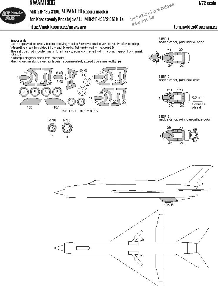 1:72 MiG-21F-13 (S106) - Advanced Kabukli Masks (for Kovozavody Prostejov Kits)
