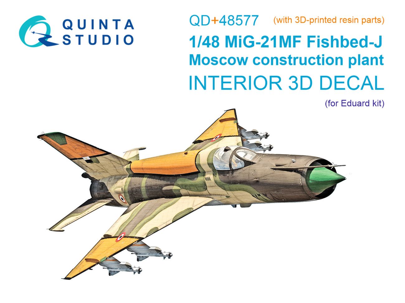 1:48 MiG-21MF Fishbed-J (Moscow plant) 3D-Printed & coloured Interior on decal paper (Eduard) (with 3D-printed resin parts)