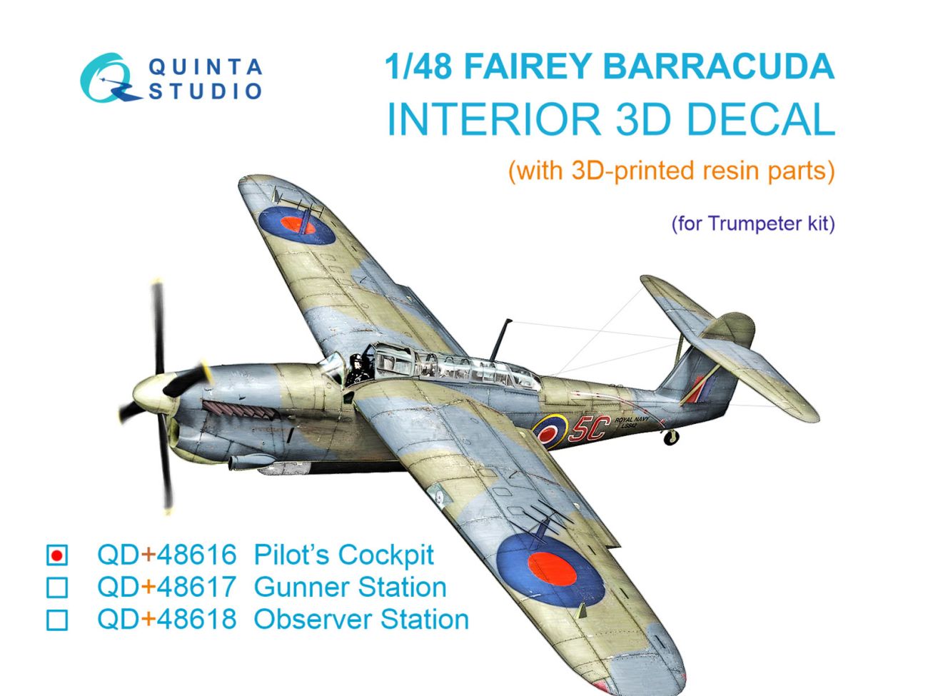 1:48 Fairey Barracuda Pilot's Cockpit 3D-Printed & coloured Interior on decal paper (Trumpeter) (with 3D-printed resin parts)