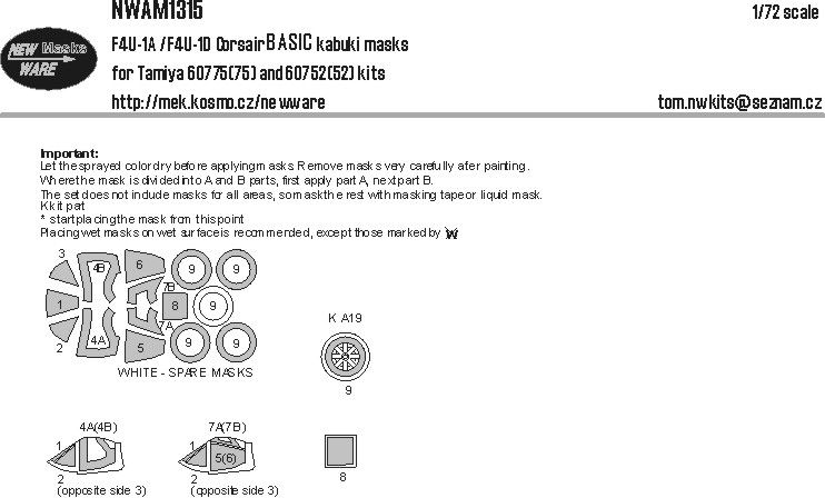 1:72 F4U-1A / F4U-1D Corsair BASIC Kabuki Masks (For Tamiya 60775 And 60752)