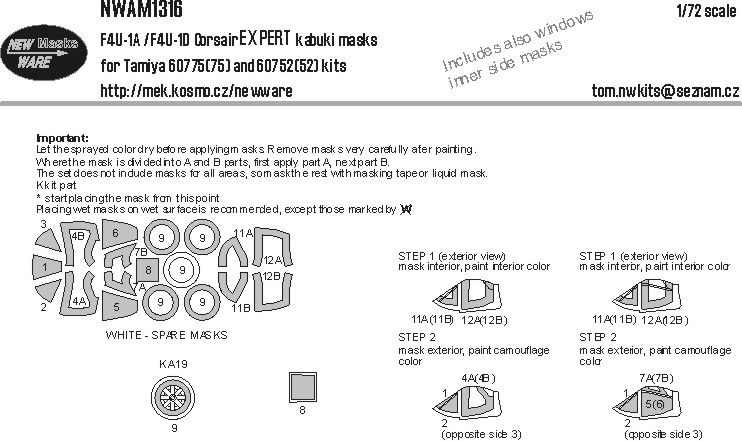 1:72 F4U-1A / F4U-1D Corsair EXPERT Kabuki Masks (For Tamiya 60775 And 60752)