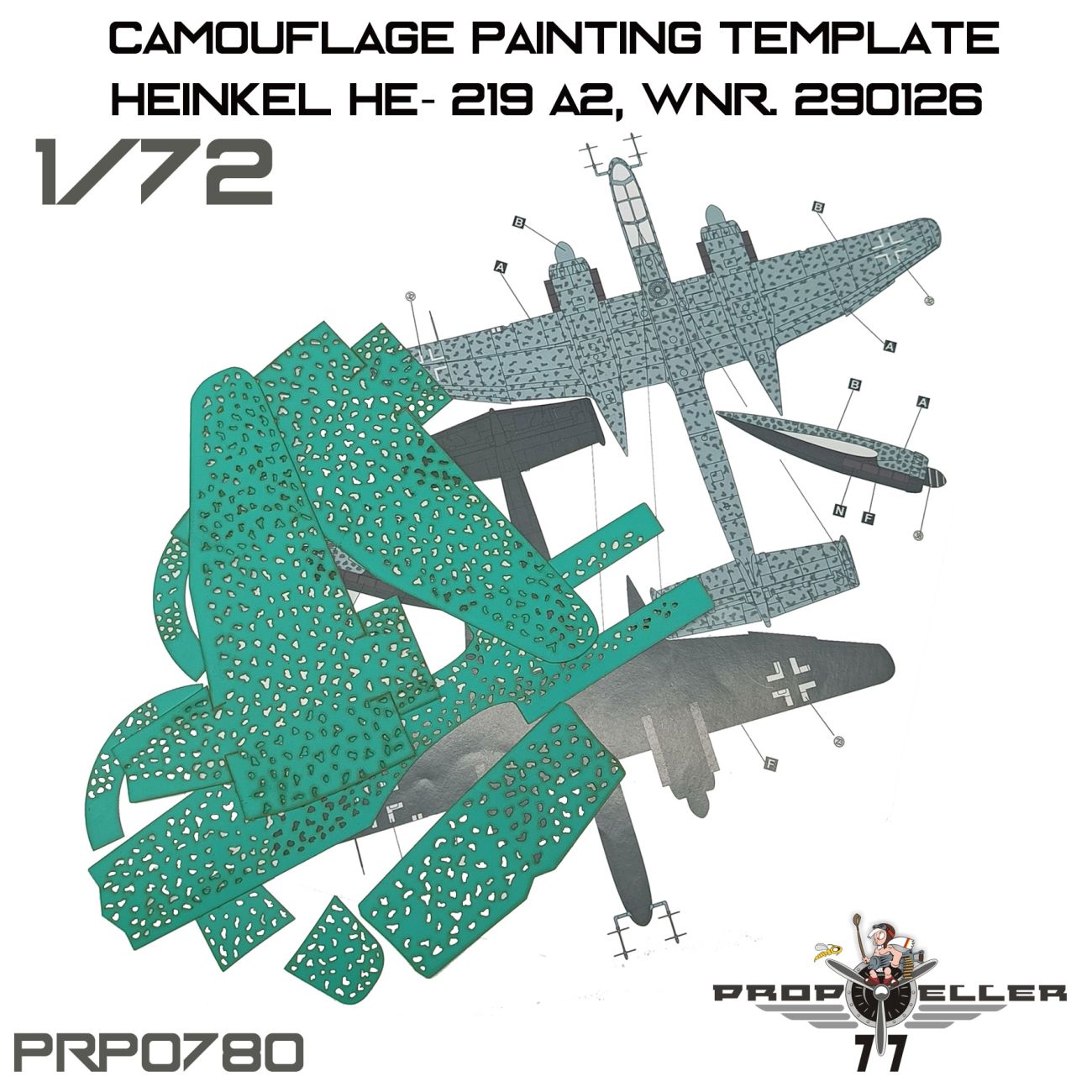 1:72 Camouflage Painting template Heinkel He- 219 A2, Wnr. 290126 For model Hobby 2000