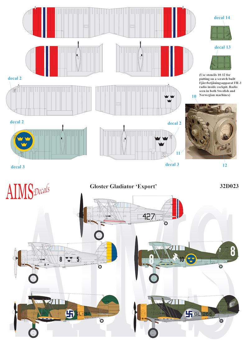 1:32 Gloster Gladiator Mk.II in Foreign Service Decals (4 schemes)