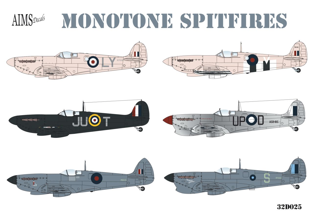 1:32 Monotone Supermarine Spitfires - Pr Mk.IV, Pr Mk.IX, PR Mk.IG, Mk.Vc, Mk.Vb