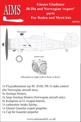 1:48 Gloster Gladiator J8/J8a & Norwegian Export parts (designed to be used with Merit and Roden kits)