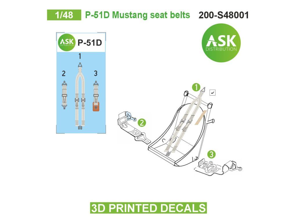1:48 P-51D Mustang seat belts - 3D printed decals by ASK