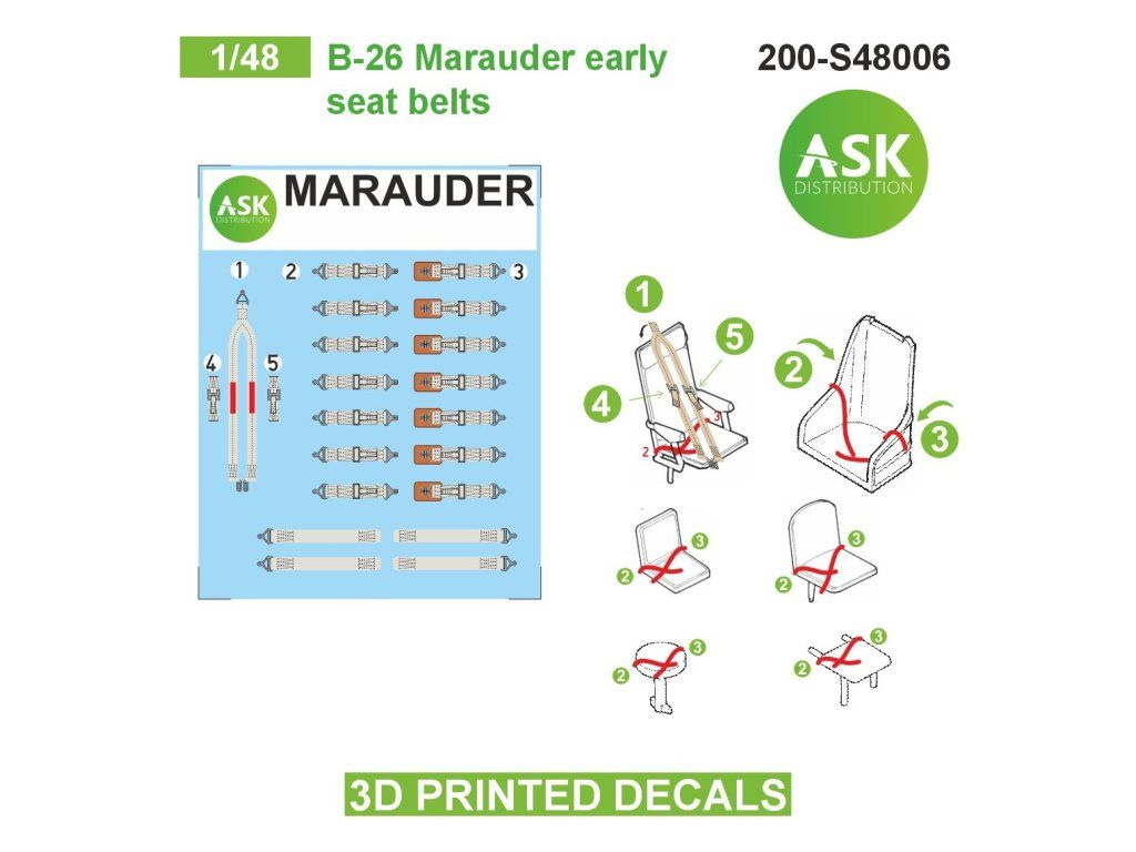 1:48 B-26 Marauder early seat belts - 3D printed decals by ASK