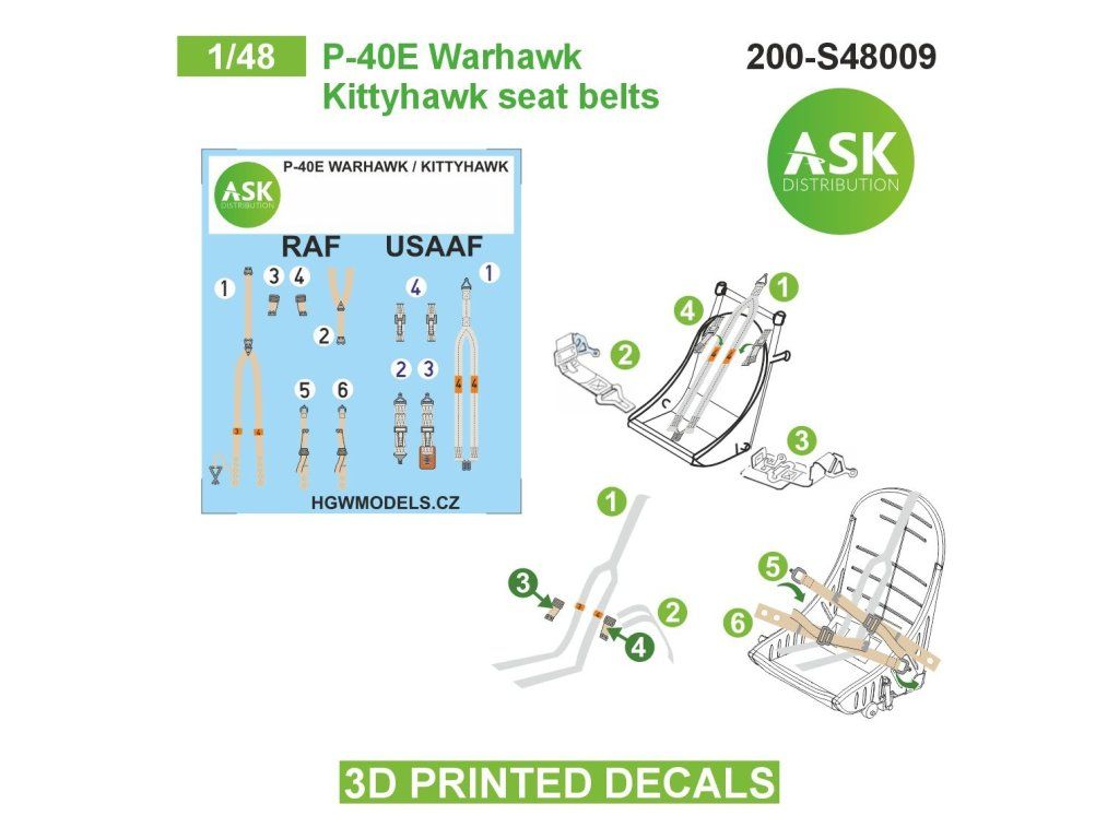 1:48 P-40E Warhawk / Kittyhawk seat belts - 3D printed decals by ASK