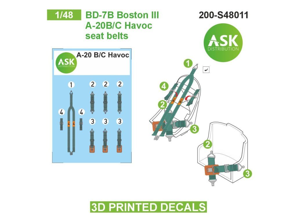 1:48 BD-7B Boston III / A-20B/C Havoc seat belts - 3D printed decals by ASK