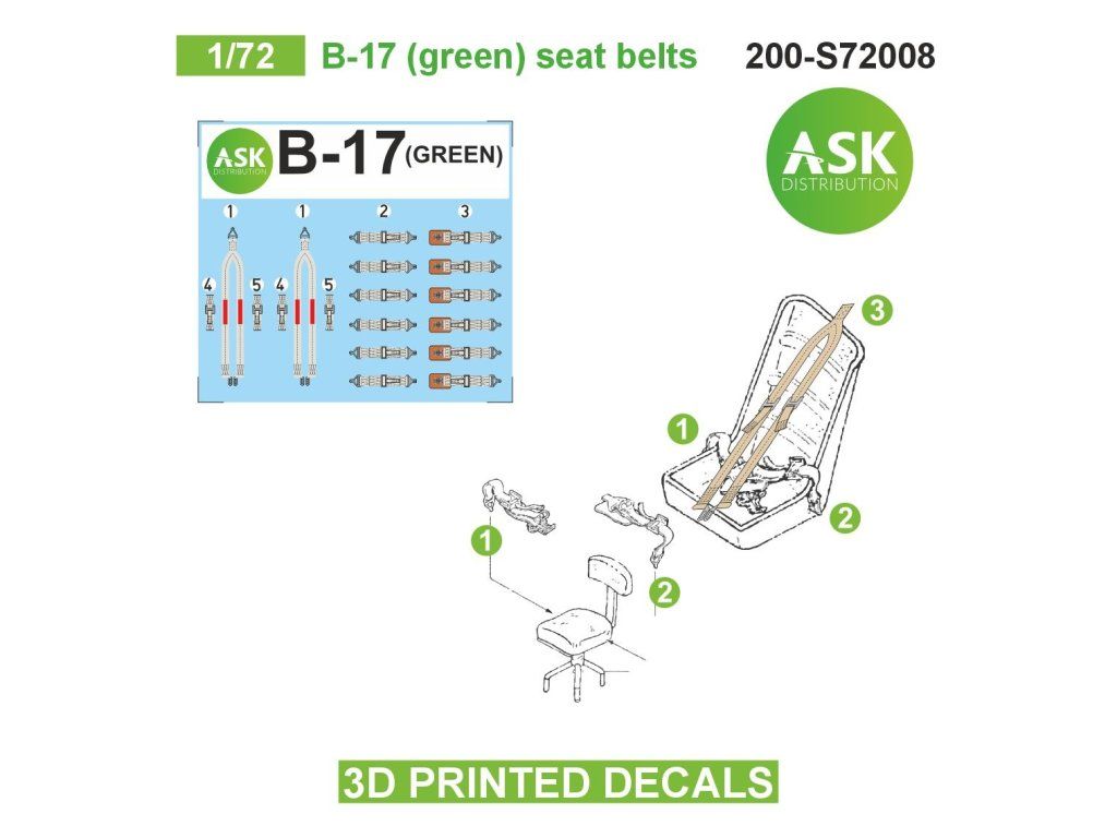 1:72 B-17 (green) seat belts - 3D printed decals by ASK