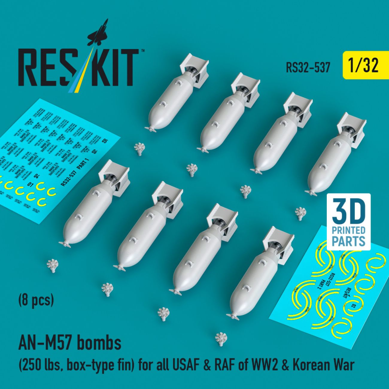 1:32 AN-M57 bombs (250 lbs, box-type fin) for all USAF & RAF of WW2 & Korean War (8 pcs)