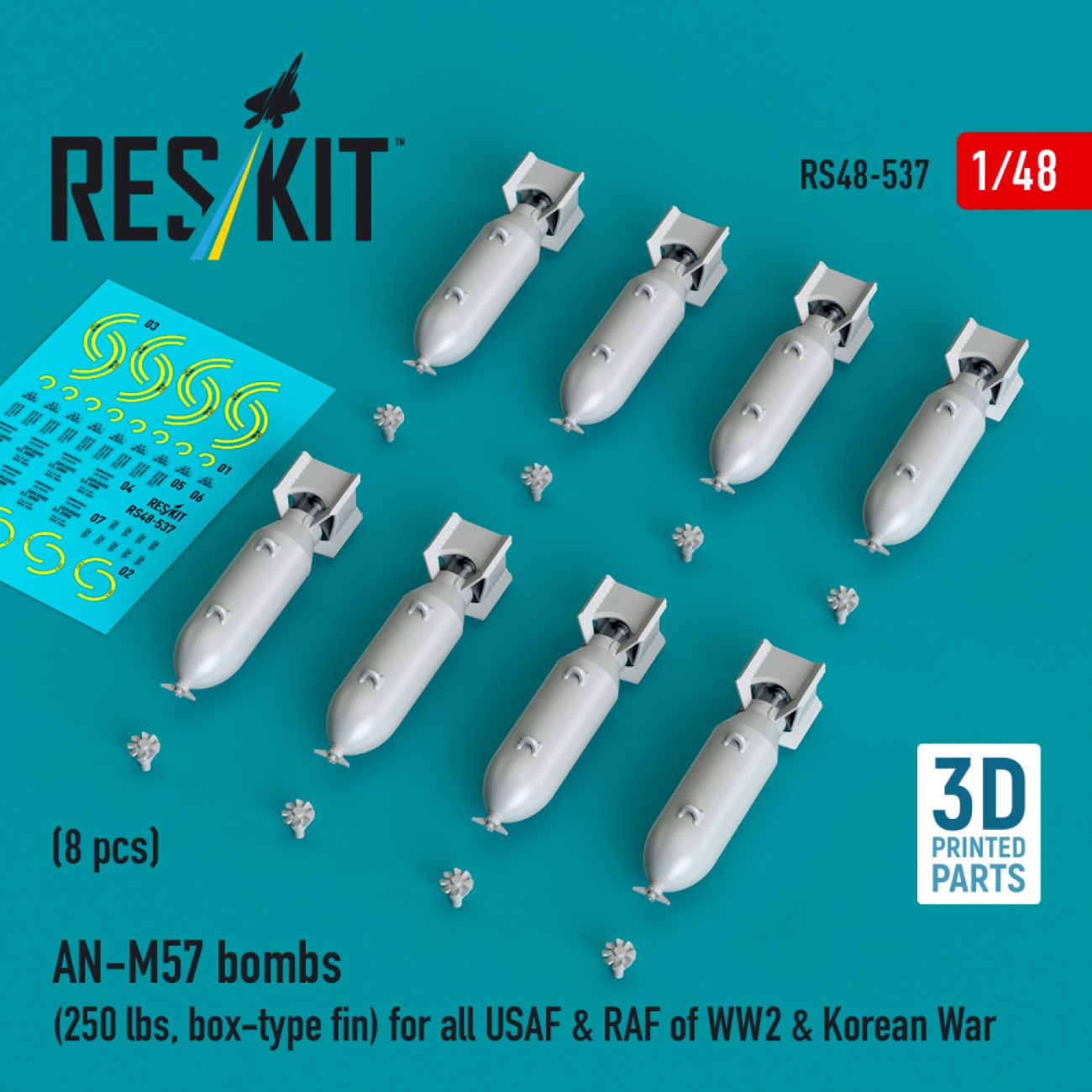 1:48 AN-M57 bombs (250 lbs, box-type fin) for all USAF & RAF of WW2 & Korean War (8 pcs)