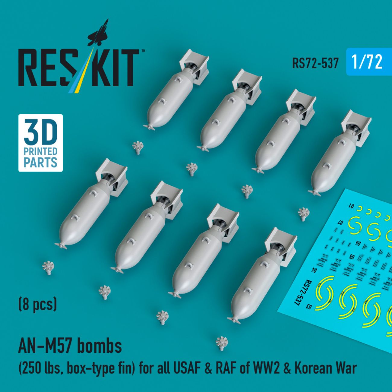 1:72 AN-M57 bombs (250 lbs, box-type fin) for all USAF & RAF of WW2 & Korean War (8 pcs)