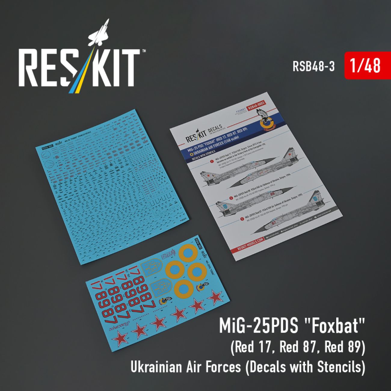 1:48 MiG-25PDS Foxbat (Red 17, Red 87, Red 89) Ukrainian Air Forces (Decals with Stencils)
