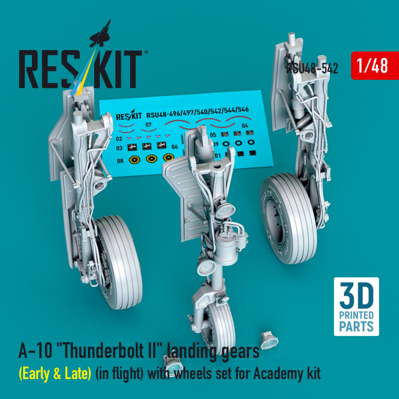 1:48 A-10 Thunderbolt II landing gears (Early & Late) (in flight) with wheels set for Academy kit