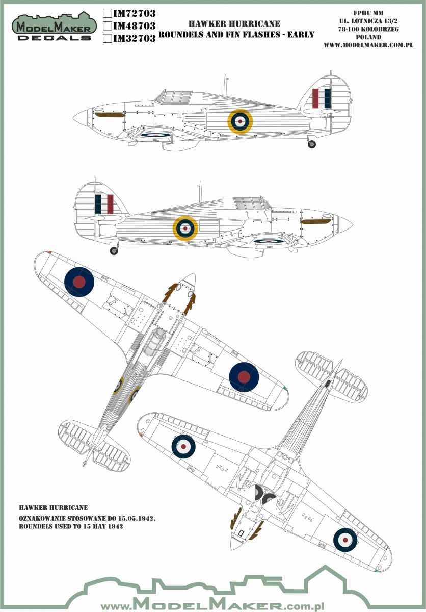 1:32 HAWKER HURRICANE ROUNDELS AND FIN FLASHES - EARLY