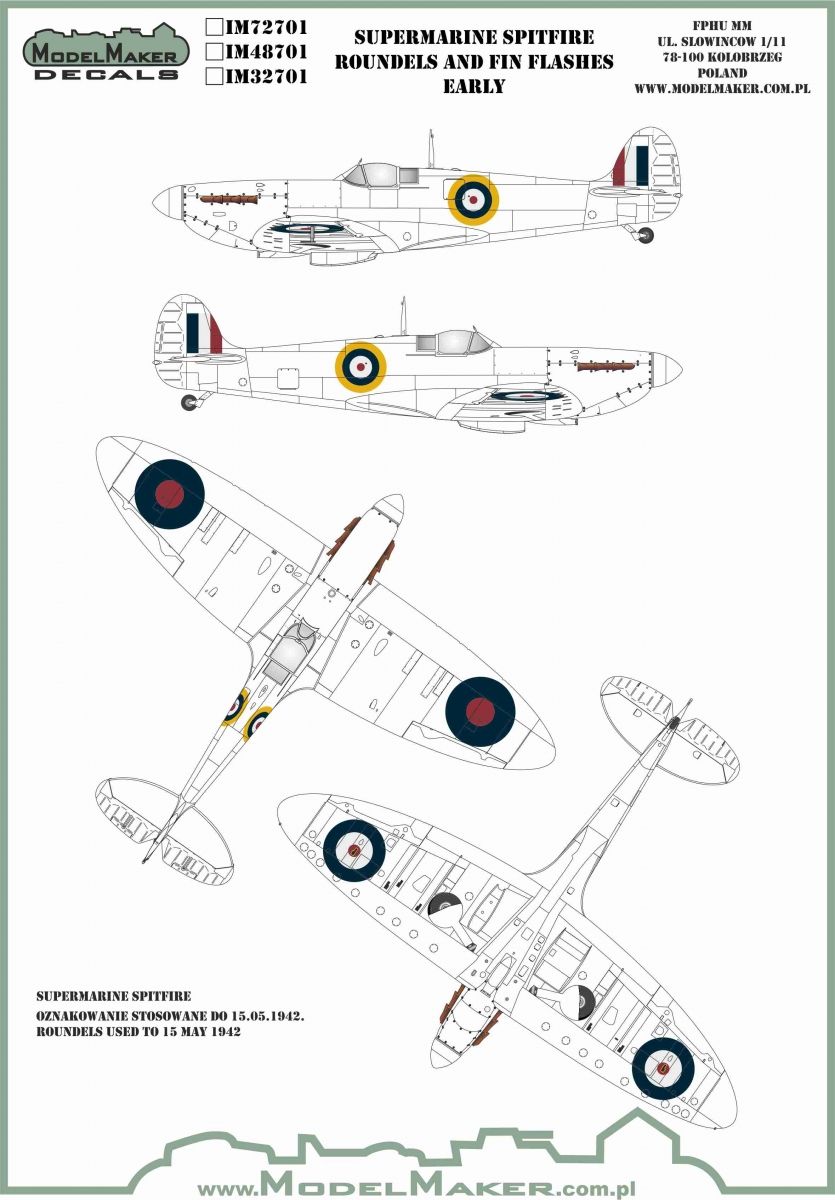 1:72 Supermarine Spitfire roundels and fin flashes - EARLY