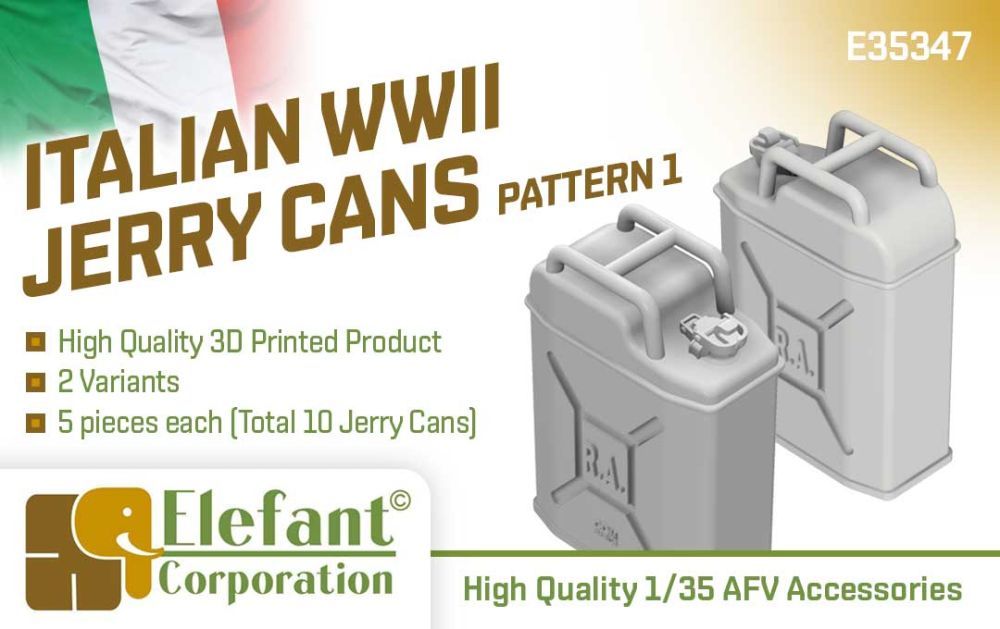 1:35 talian WWII jerry cans, pattern 1, 2 variants, 5 pcs. each