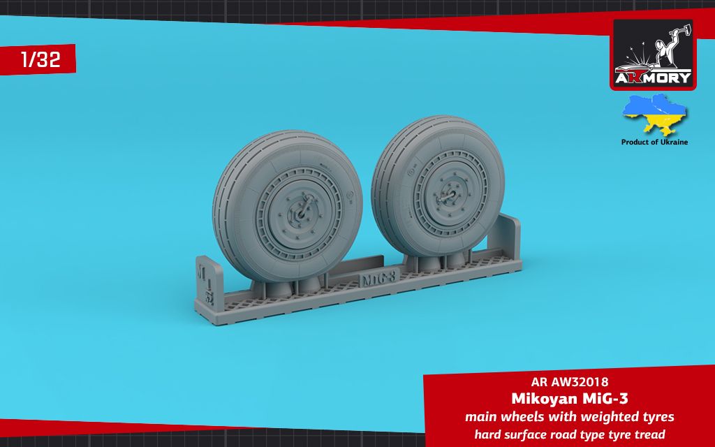 1:32 Mikoyan MiG-3 main wheels with weighted tyres, hard surface road type tyre tread