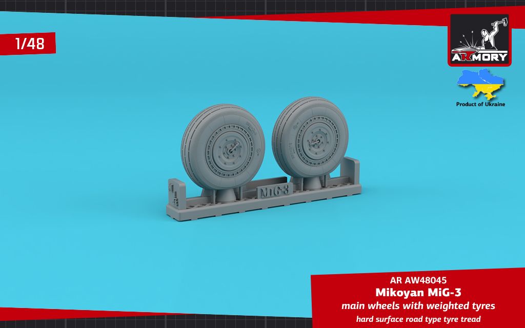 1:48 Mikoyan MiG-3 main wheels with weighted tyres, hard surface road type tyre tread
