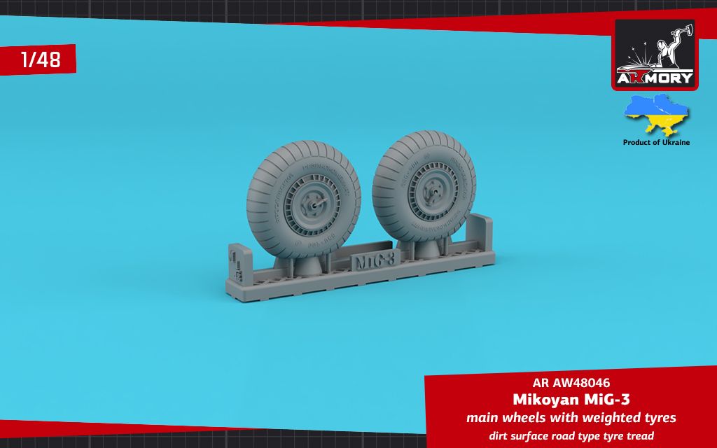 1:48 Mikoyan MiG-3 main wheels with weighted tyres, dirt surface road type tyre tread