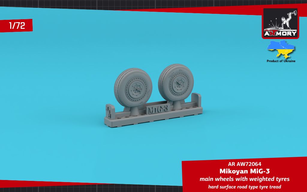 1:72 Mikoyan MiG-3 main wheels with weighted tyres, hard surface road type tyre tread