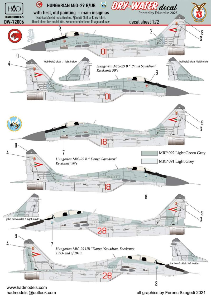 1:72 MiG-29 B / UB - Hungarian AF Old Painting Dry-Water Decal Sheet