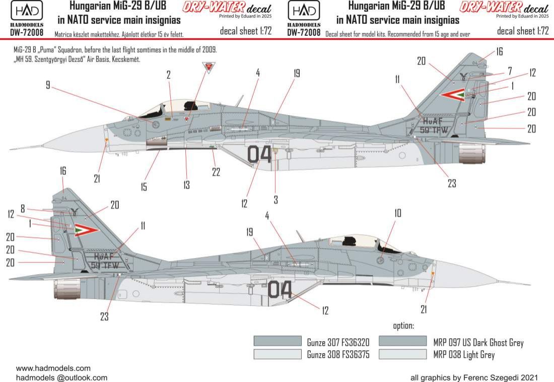 1:72 MiG-29 B / UB - Hungrian Air Force NATO Dry-Water Decal Sheet