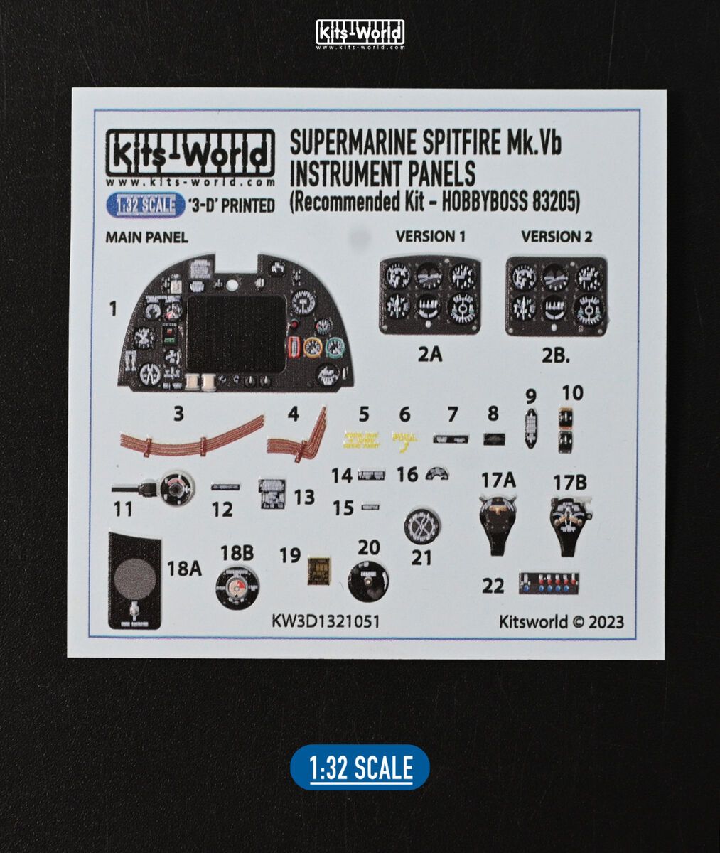 1:32 Supermarine Spitfire Mk.Vb - Full colour Instrument Panel (designed to be used with Hobby Boss 83205 kit)
