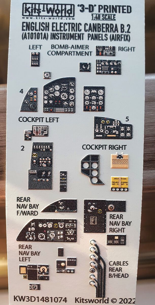 1:48 BAC/EE Canberra B.2/B.20 3D Full colour Instrument Panels (for Airfix 10101A kit)