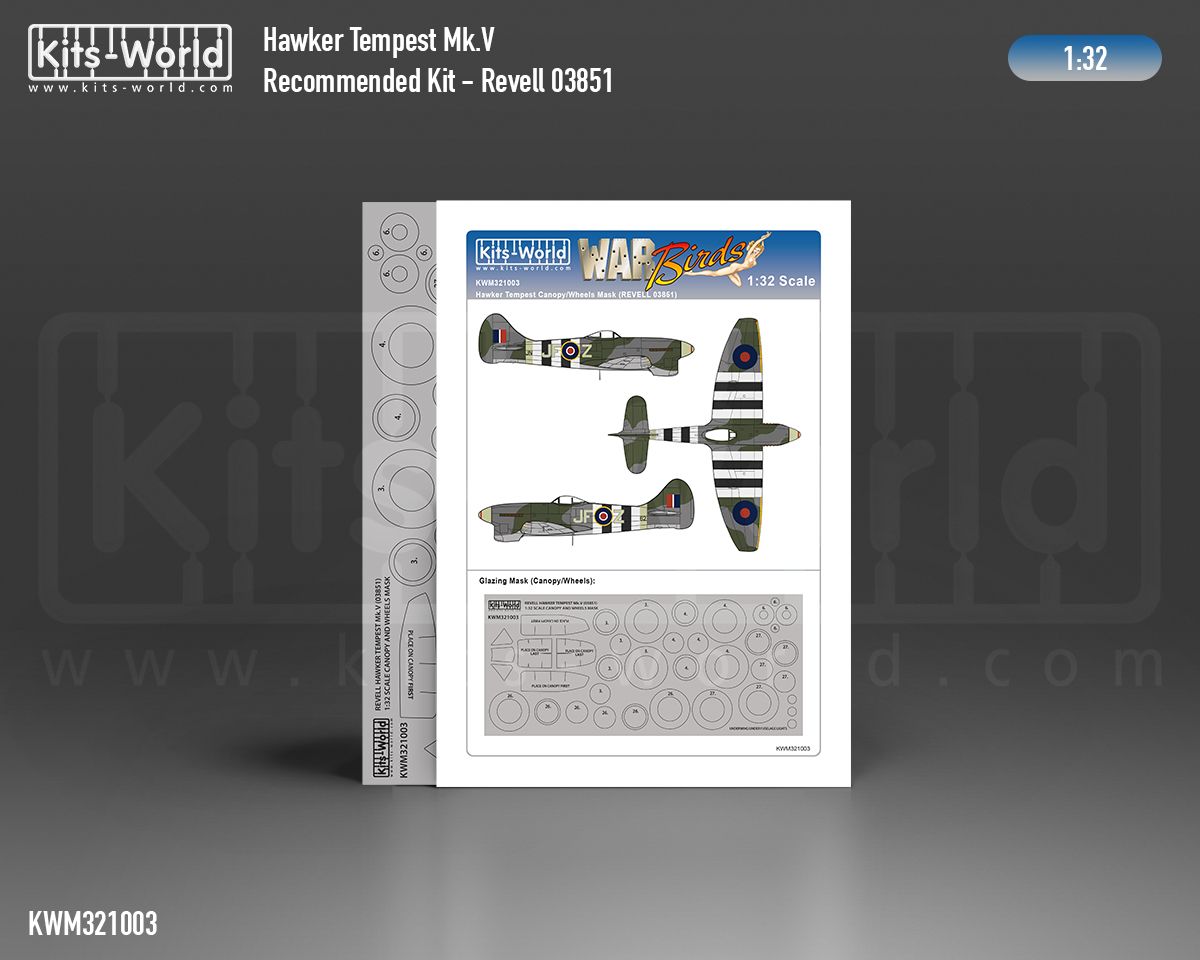 1:32 Hawker Tempest Mk.V outside canopy and windows and wheels paint mask (for Revell 3851 kit)