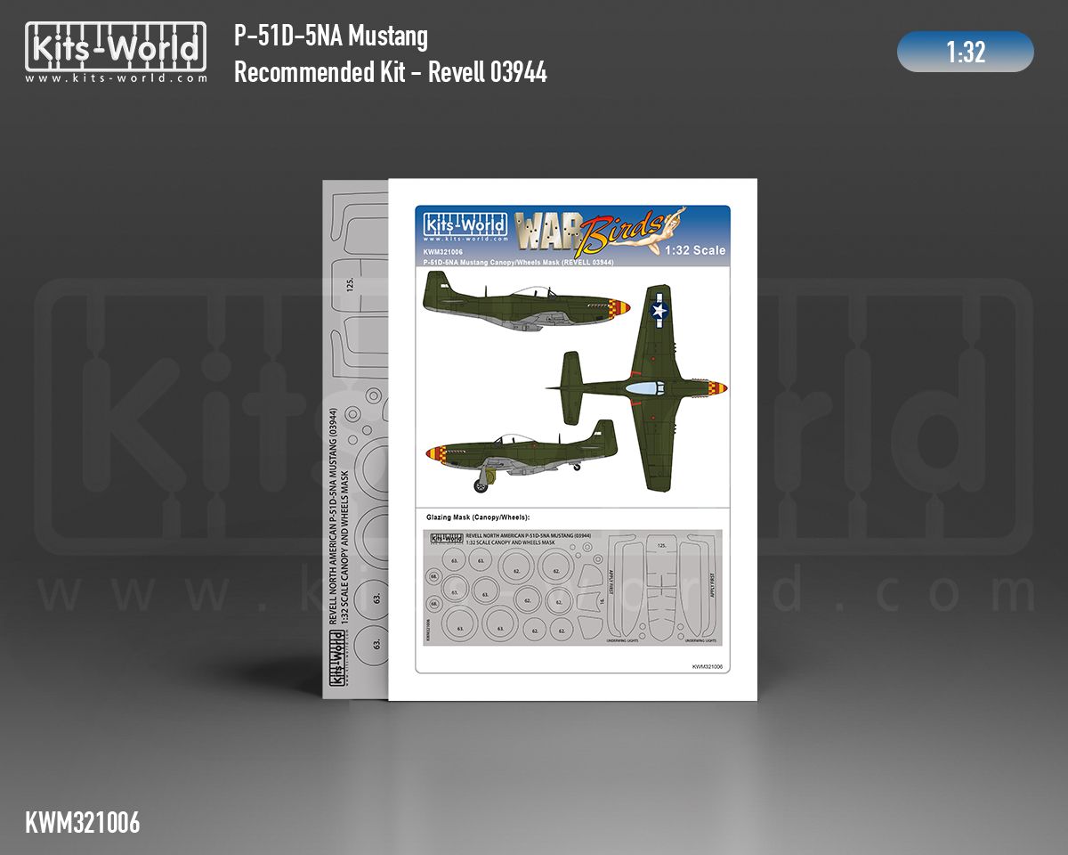 1:32 P-51D-5NA Mustang wheels and canopy (outside) and windows paint mask (for Revell 3944 kit)