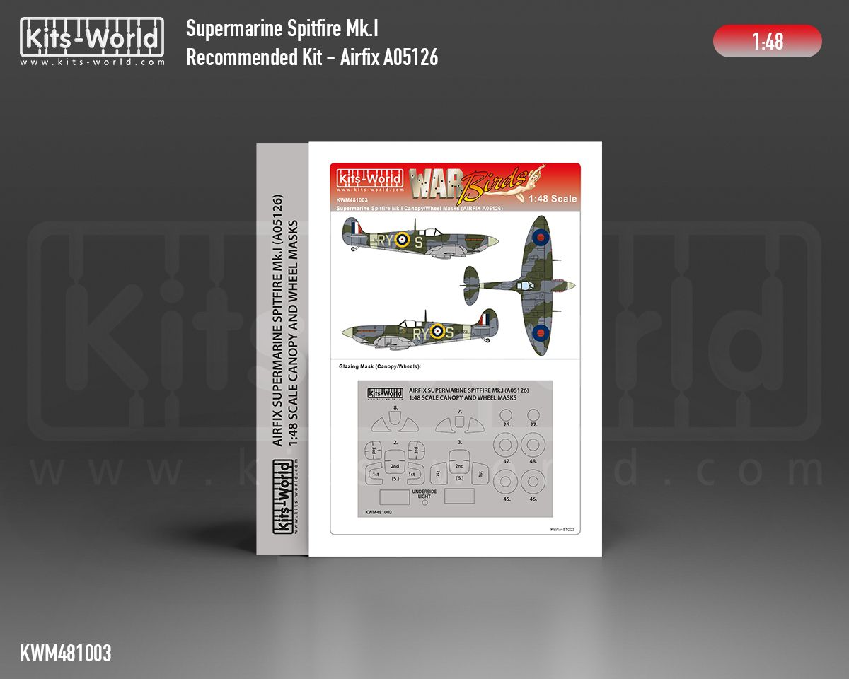 1:48 Supermarine Spitfire Mk.I wheels and canopy paint mask outside only (for Airfix 05126 kit)