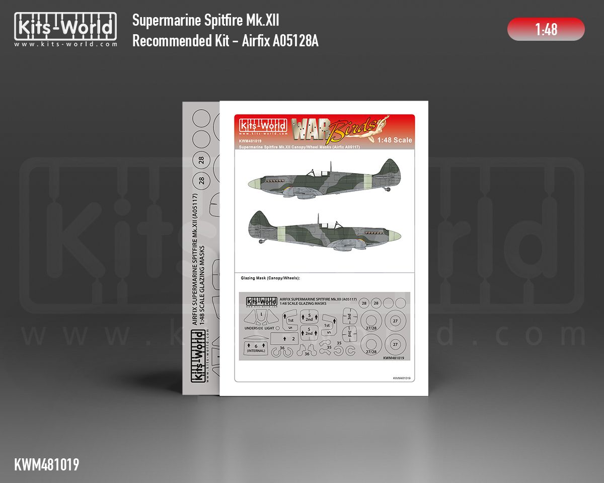 1:48 Supermarine Spitfire Mk.XII wheels and canopy paint mask outside only (for Airfix 05117 kit)