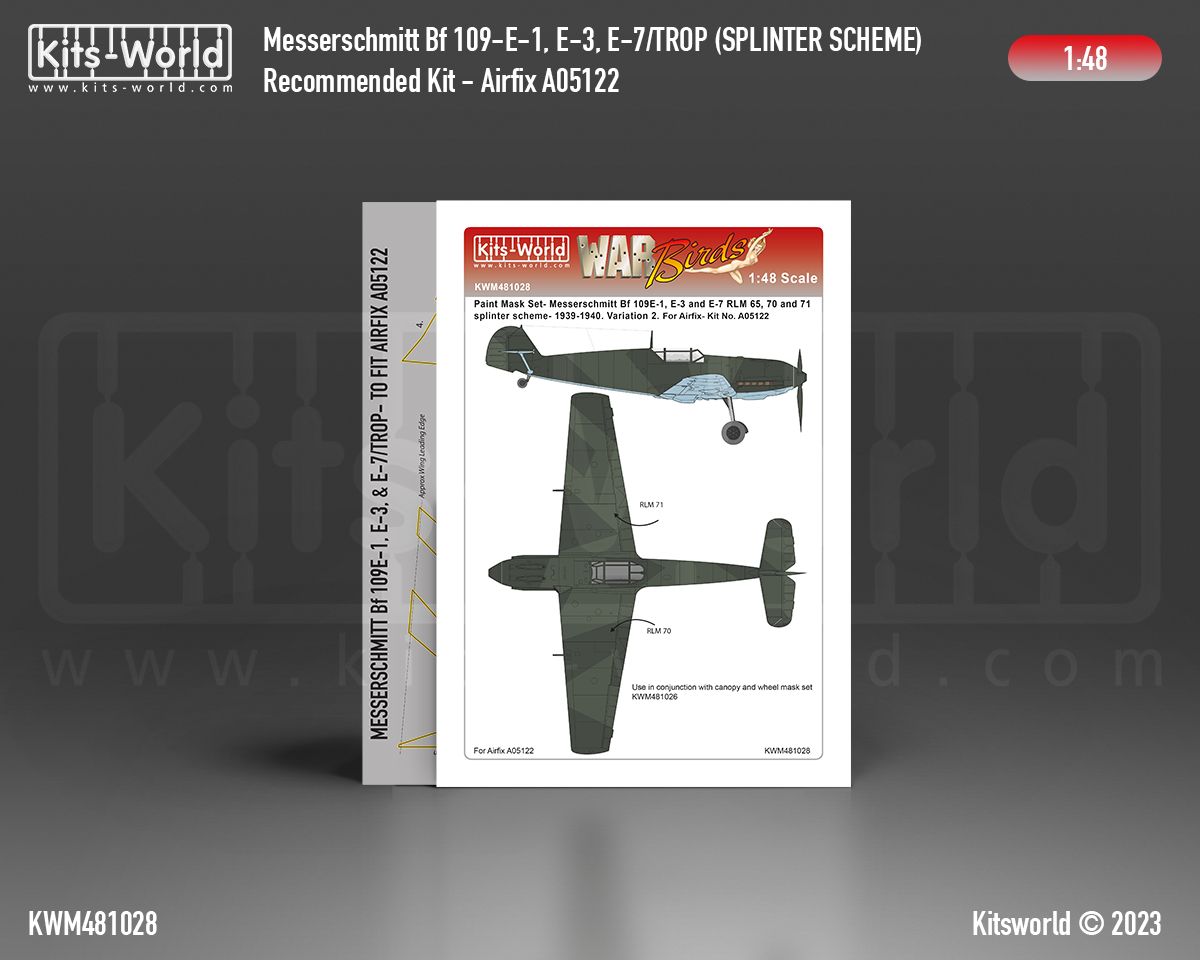 1:48 Messerschmitt Bf 109 E-1/3/7/TROP Splinter Scheme Set (Simplified 1939-1940) Paint Mask (for Airfix 05122 kit)